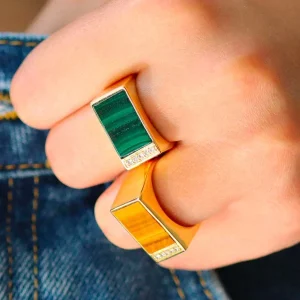 Bague plaqué or et pierre Malachite rectangle I Augustine