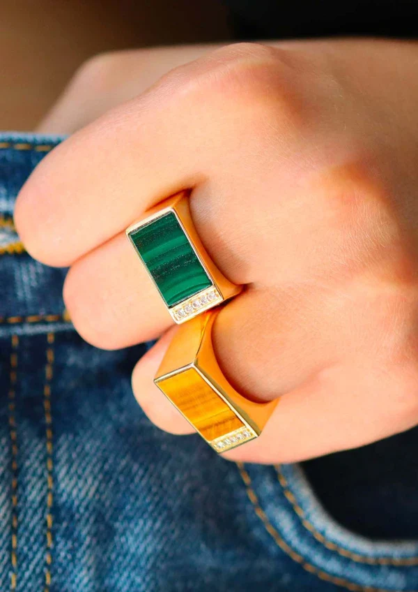 Bague plaqué or et pierre Malachite rectangle I Augustine