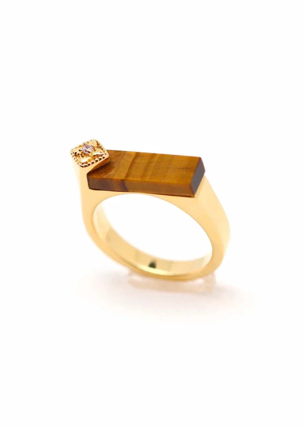 Bague plaqué or et Oeil de tigre rectangle I Louisette – Image 3