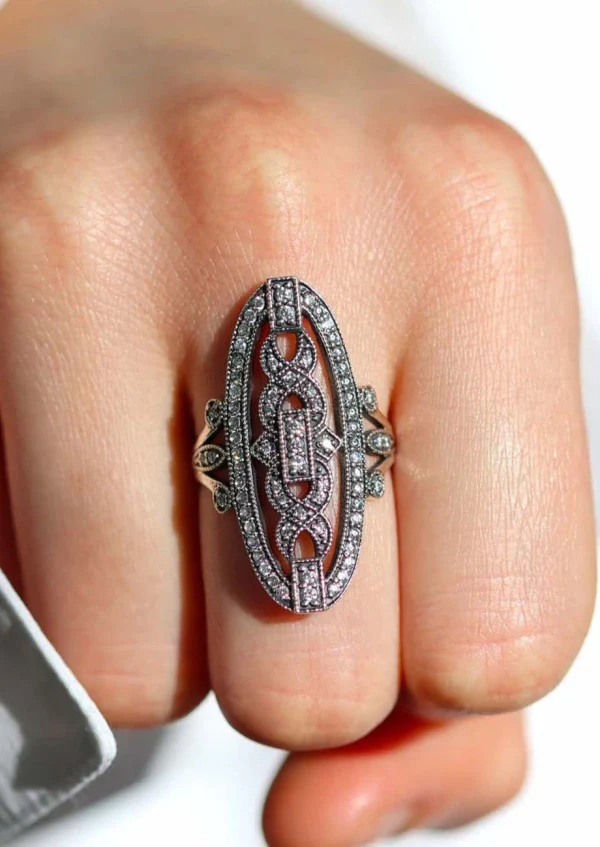 Bague en argent 925 oblongue ouvragée de millegrain I Hortense – Image 5