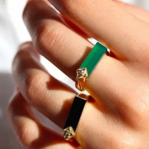 Bague plaqué or et Onyx vert rectangle I Louisette