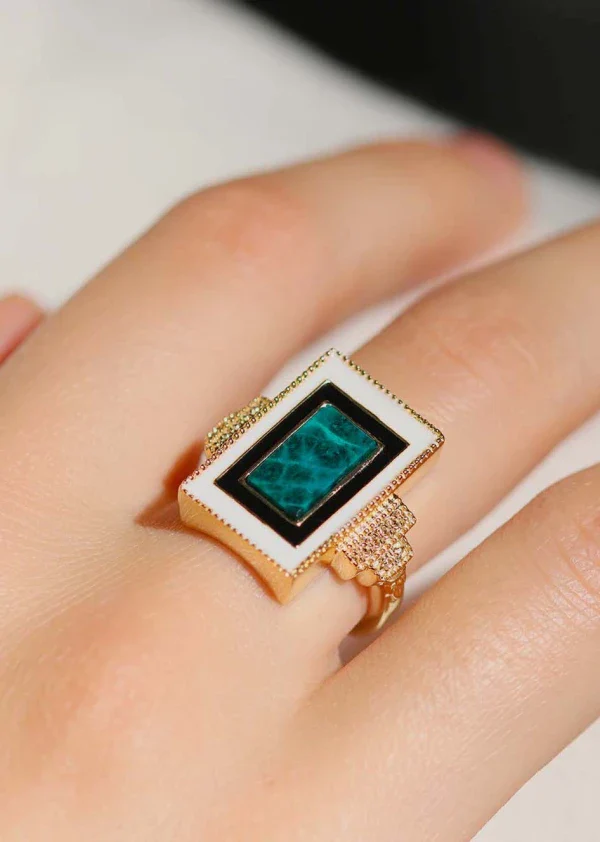 Bague plaqué or et Chrysocolle rectangle I Victorine – Image 2