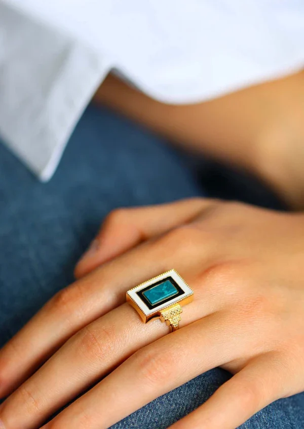 Bague plaqué or et Chrysocolle rectangle I Victorine – Image 5