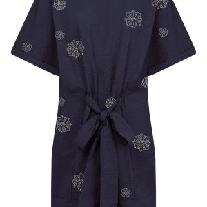 Robe en coton bio brodée bleu marine - Akina