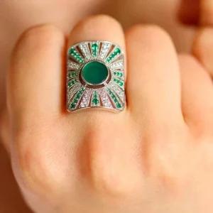 Bague argentée et pierre onyx vert - Ombeline