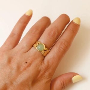 Bague feuille ronde perle verte Aventurine