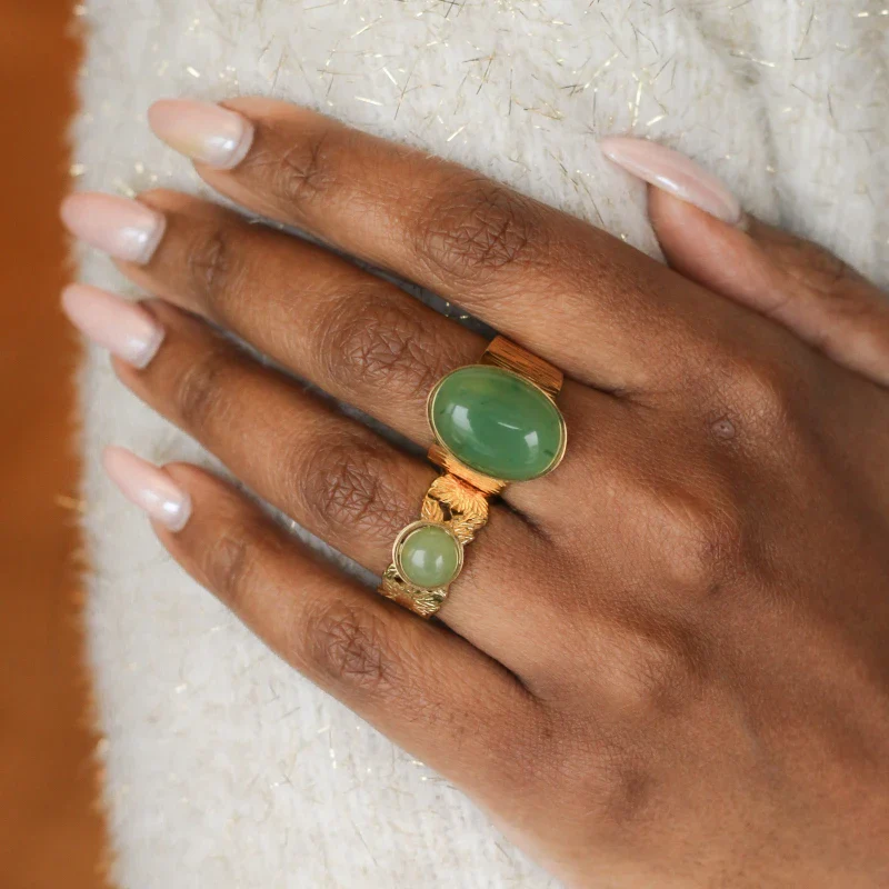 Bague feuille ronde perle verte Aventurine – Image 3