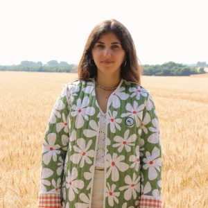 Veste Fleuri vert / carreaux orange matelassée - Ezilda