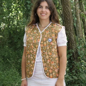 Veste Fleuri marron / orange sans manches matelassée - "Soledad"