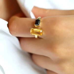 Bague plaqué or Citrine et Onyx noir "odette"