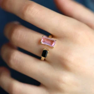 Bague plaqué or Quartz rose et Onyx noir "Odette"
