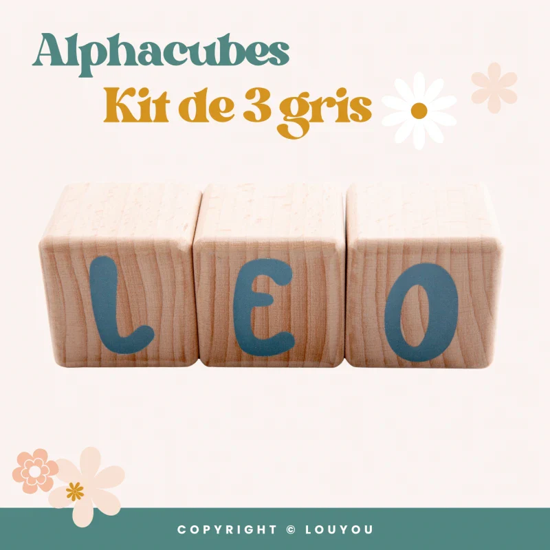 Alphacubes en bois lot de 3 de 5cm x 5cm avec 47 Stickers Gris – Image 3