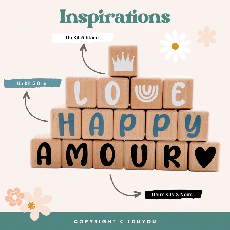 Alphacubes en bois lot de 3 de 5cm x 5cm avec 47 Stickers Gris – Image 9