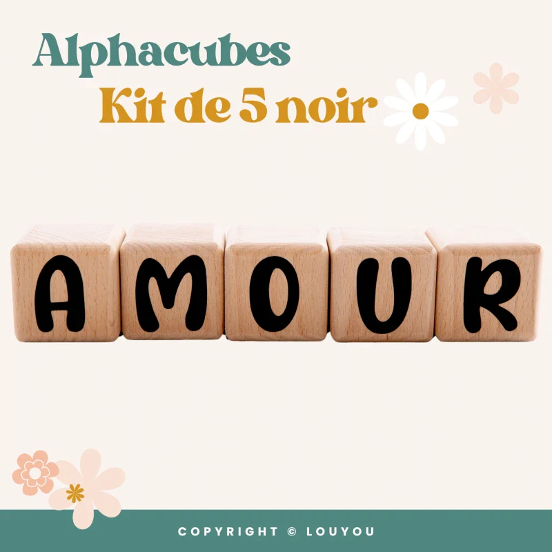 Alphacubes en Bois lot de 5 de 5cm x 5cm avec 66 Stickers noirs – Image 6