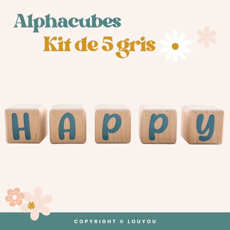 Alphacubes en bois lot de 5 de 5cm x 5cm avec 66 Stickers gris – Image 5