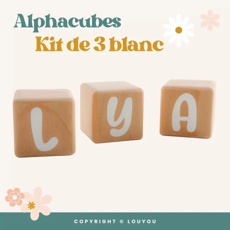 Alphacubes en Bois lot de 3 de 5cm x 5cm avec 47 Stickers blancs – Image 5