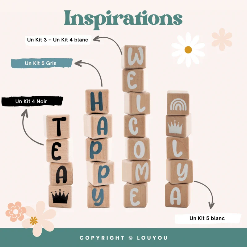 Alphacubes en Bois lot de 3 de 5cm x 5cm avec 47 Stickers blancs – Image 7