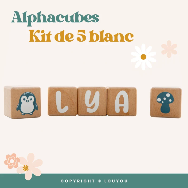 Alphacubes en Bois lot de 5 de 5cm x 5cm avec 66 Stickers blancs – Image 3