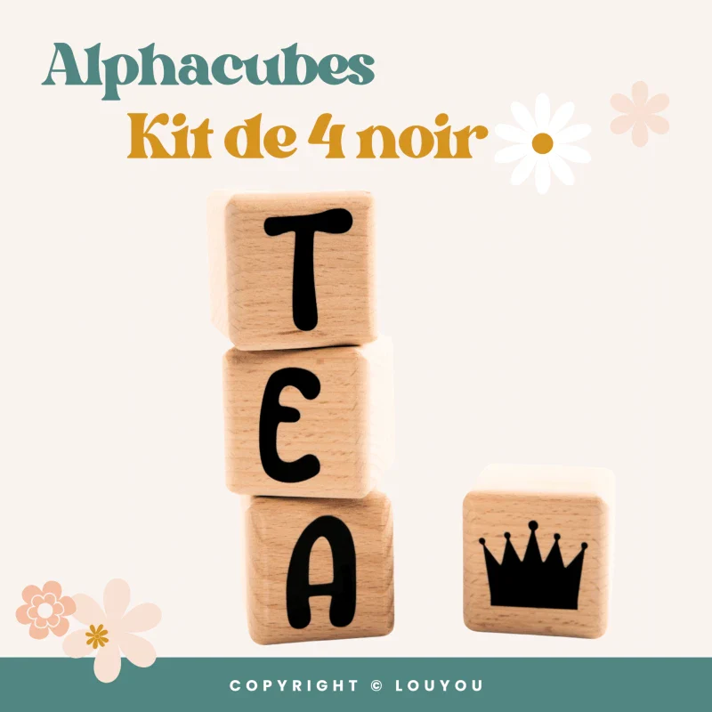 Alphacubes en bois lot de 4 de 5cm x 5cm avec 55 Stickers noirs – Image 4