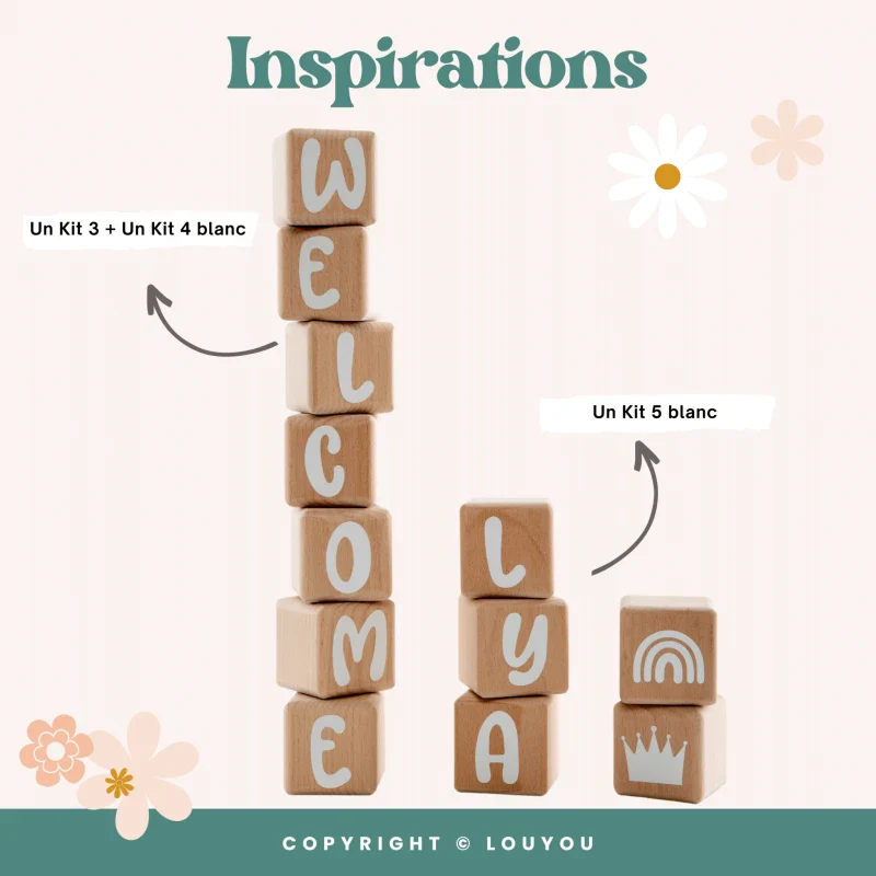 Alphacubes en bois lot de 4 de 5cm x 5cm avec 55 Stickers noirs – Image 9