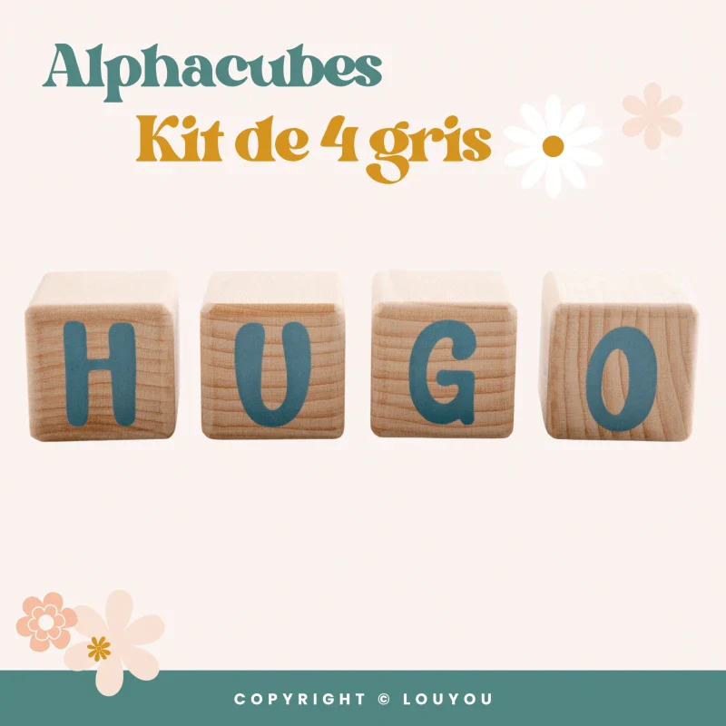 Alphacubes en bois lot de 4 Cubes de 5cm x 5cm avec 55 Stickers gris – Image 6