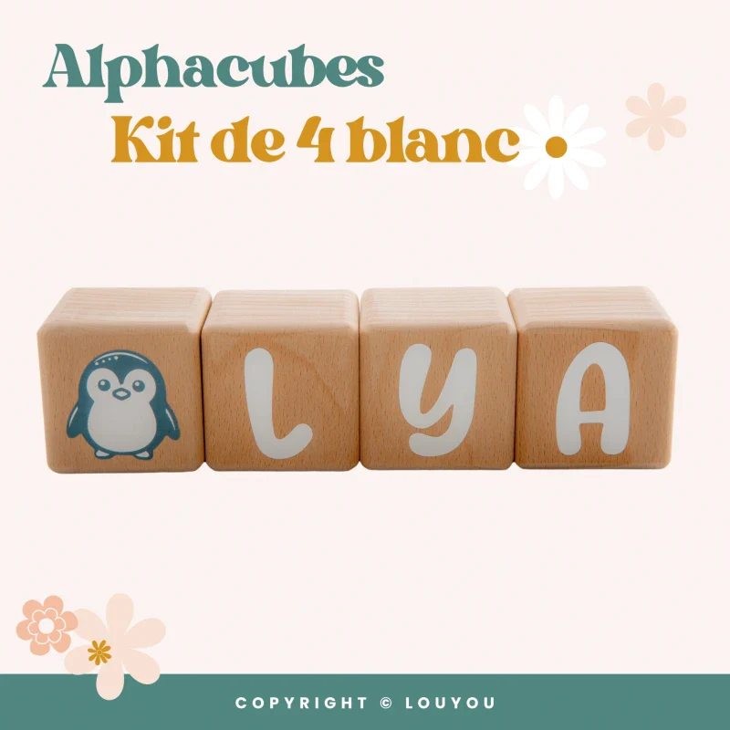Alphacubes en bois lot de 4 de 5cm x 5cm avec 55 Stickers blancs – Image 3
