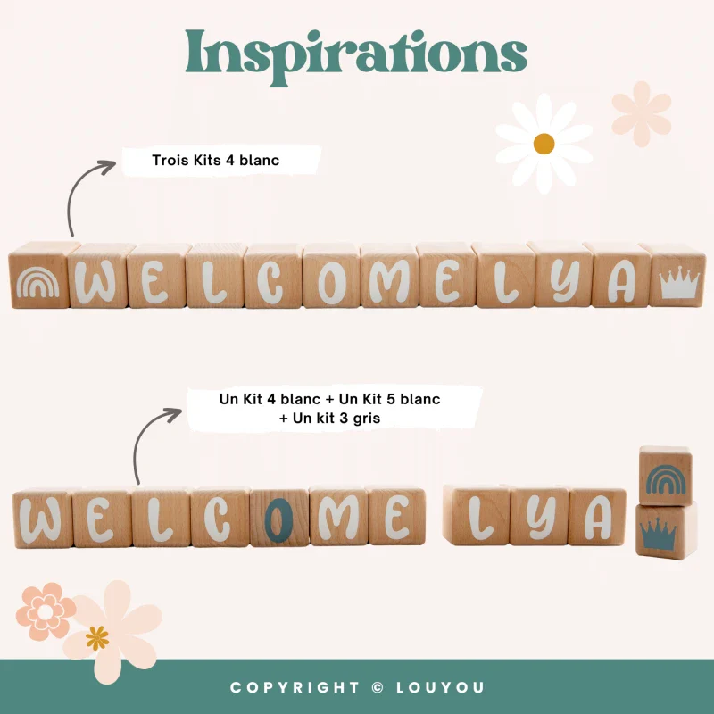 Alphacubes en bois lot de 4 de 5cm x 5cm avec 55 Stickers blancs – Image 9