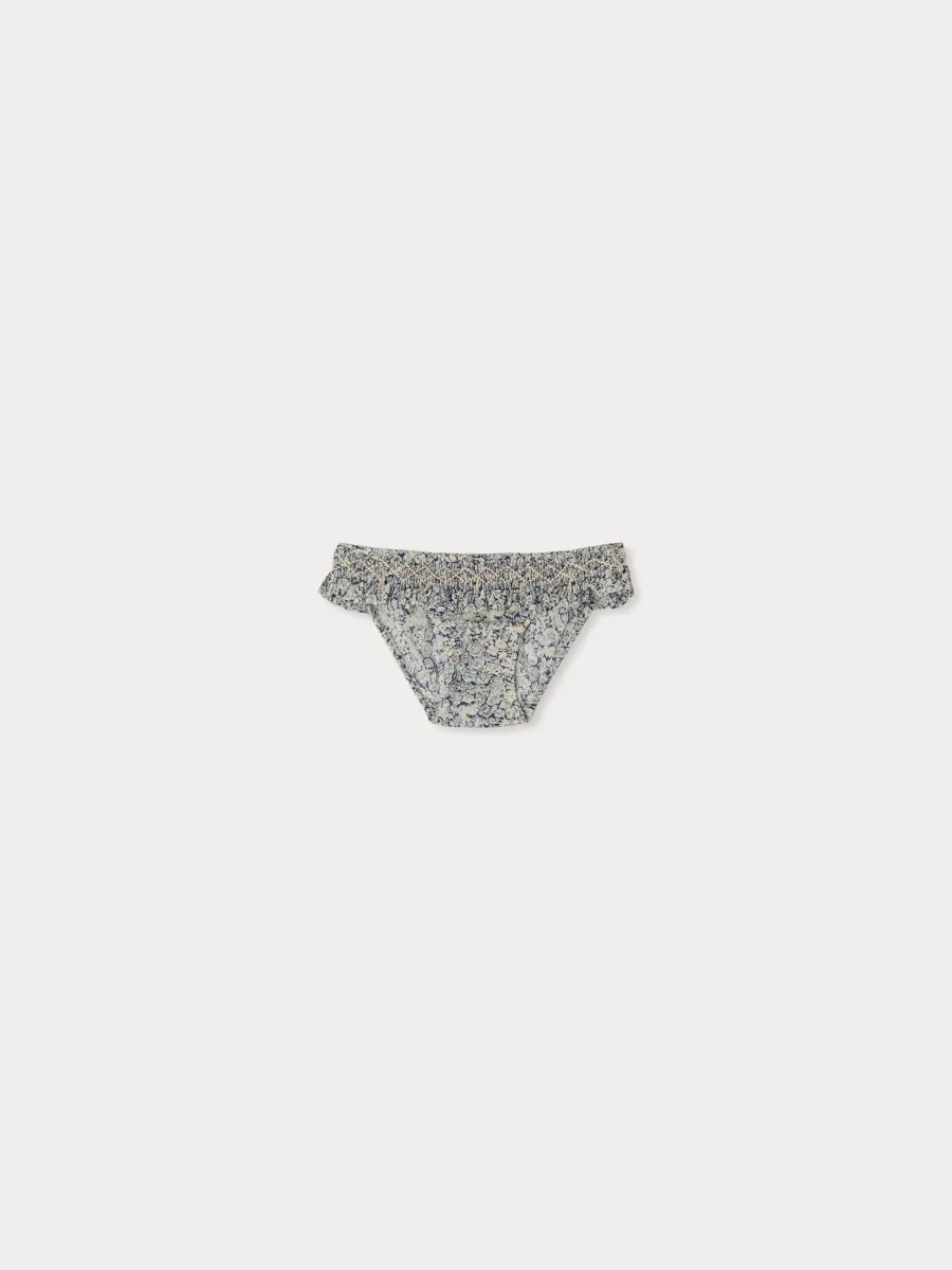 Maillot de bain une pièce Sardaigne fleurs bleues smocké et brodé main en tissu Liberty
