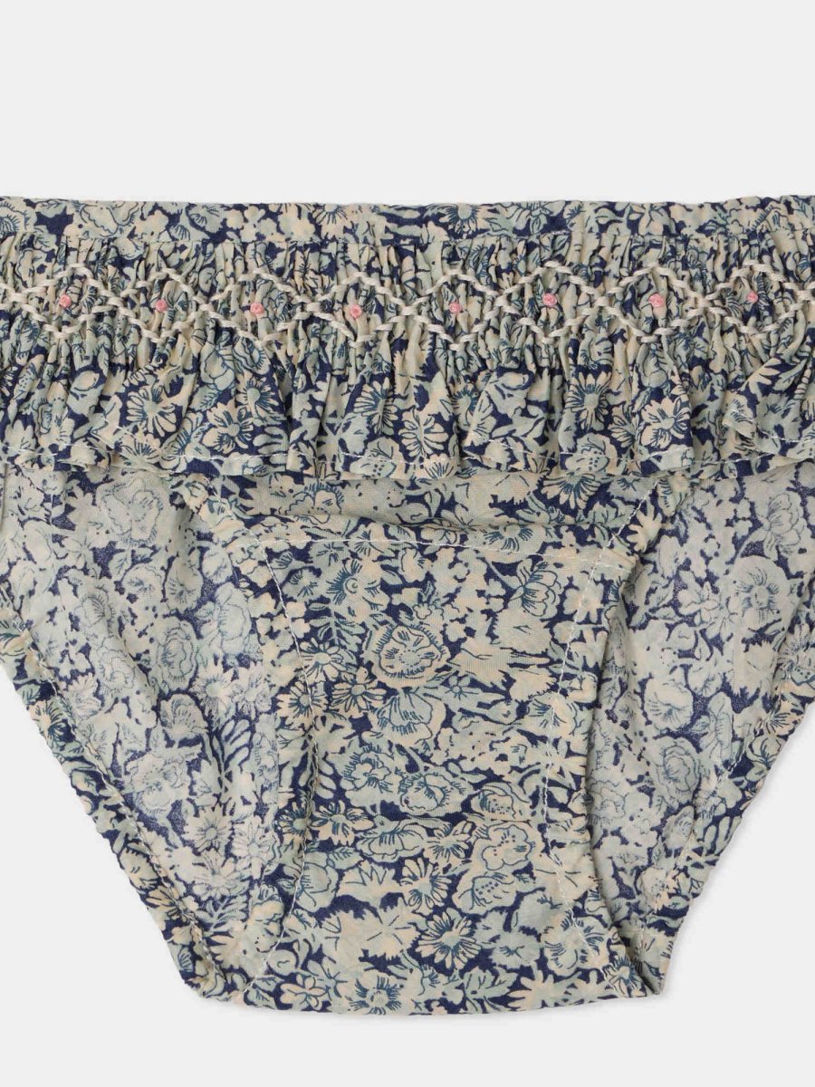 Maillot de bain une pièce Sardaigne fleurs bleues smocké et brodé main en tissu Liberty – Image 4