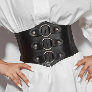 Ceinture corset à boucles noire en cuir