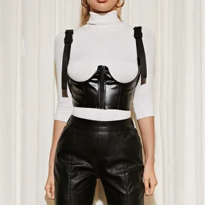 Ceinture corset à bretelles noire en similicuir