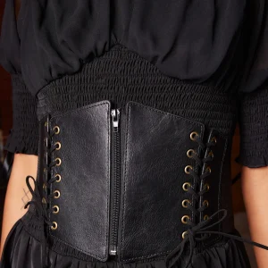 Ceinture corset en cuir noire à laçage double