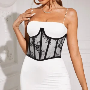 Ceinture large corset brodée noire en dentelle