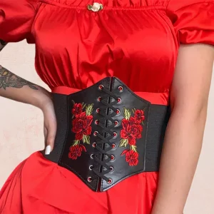 Ceinture corset à fleurs noire en similicuir
