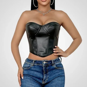 Corset en cuir sexy noir court bustier