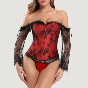 Corset en dentelle noire et rouge bustier