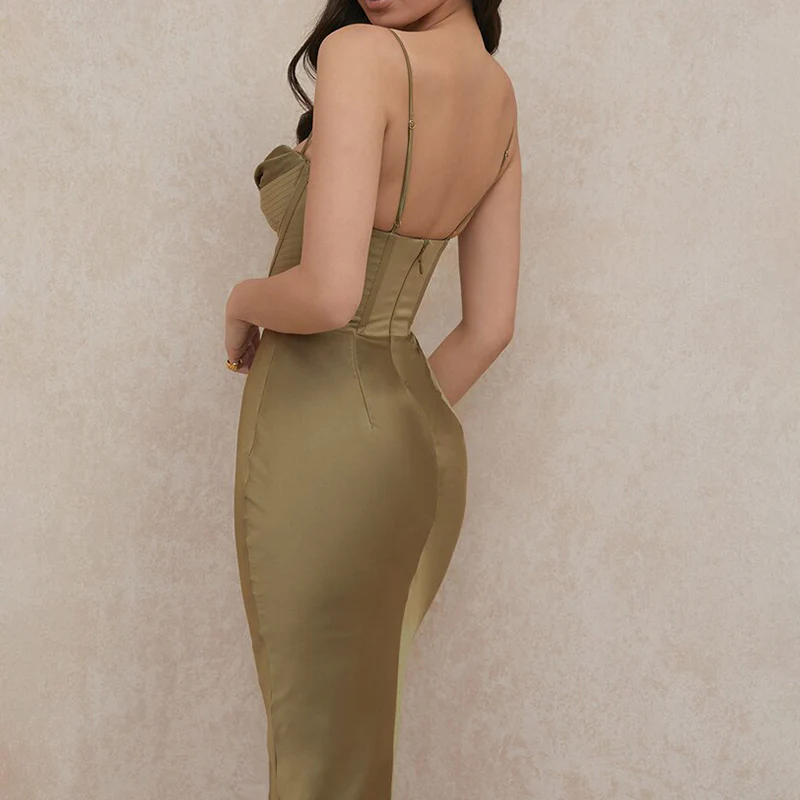 Robe de soirée corset verte à encolure bénitier – Image 4