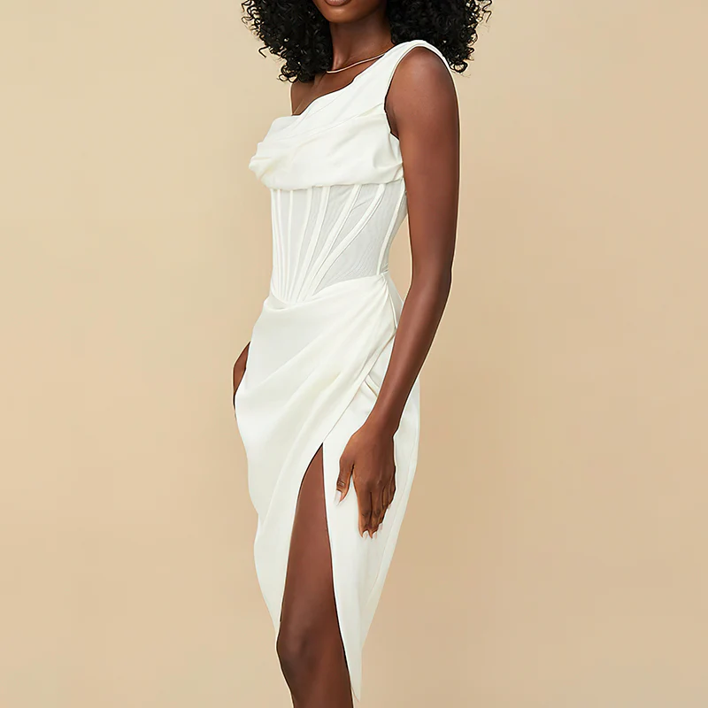 Robe asymétrique blanche corset à col bénitier – Image 3