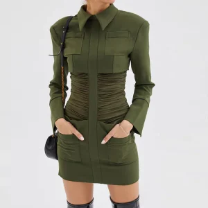 Robe blazer corset verte courte à col claudine