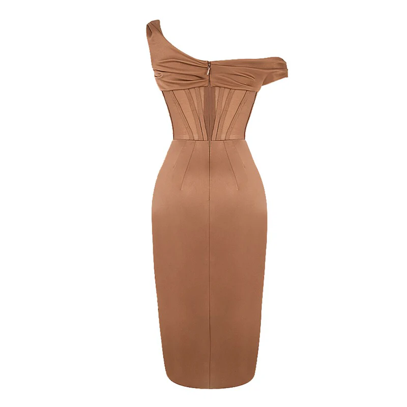 Robe corset asymétrique marron à col bénitier – Image 6