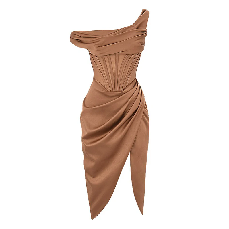 Robe corset asymétrique marron à col bénitier – Image 5