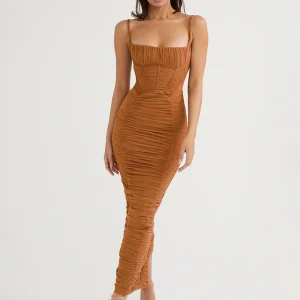 Robe corset à bretelles marron longue