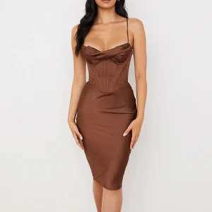 Robe corset marron mi-longue à col bénitier