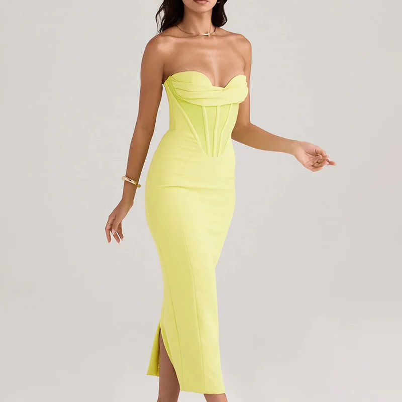 Robe corset moderne jaune longue à col bénitier – Image 3