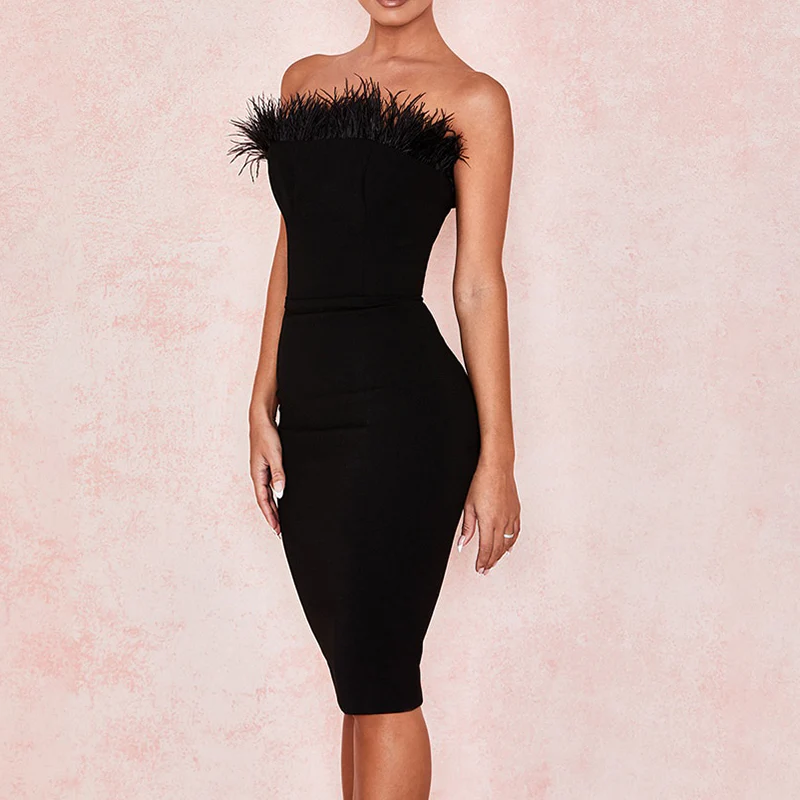 Robe corset noire à plumes mi-longue style bustier – Image 3