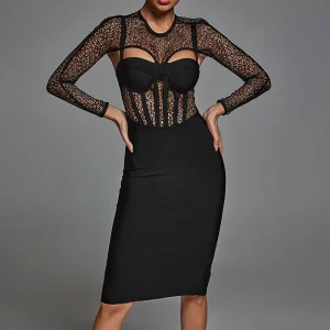 Robe de soirée corset en dentelle noire mi-longue