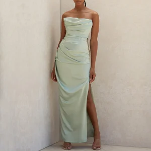 Robe longue corset verte style bustier à jambe fendue